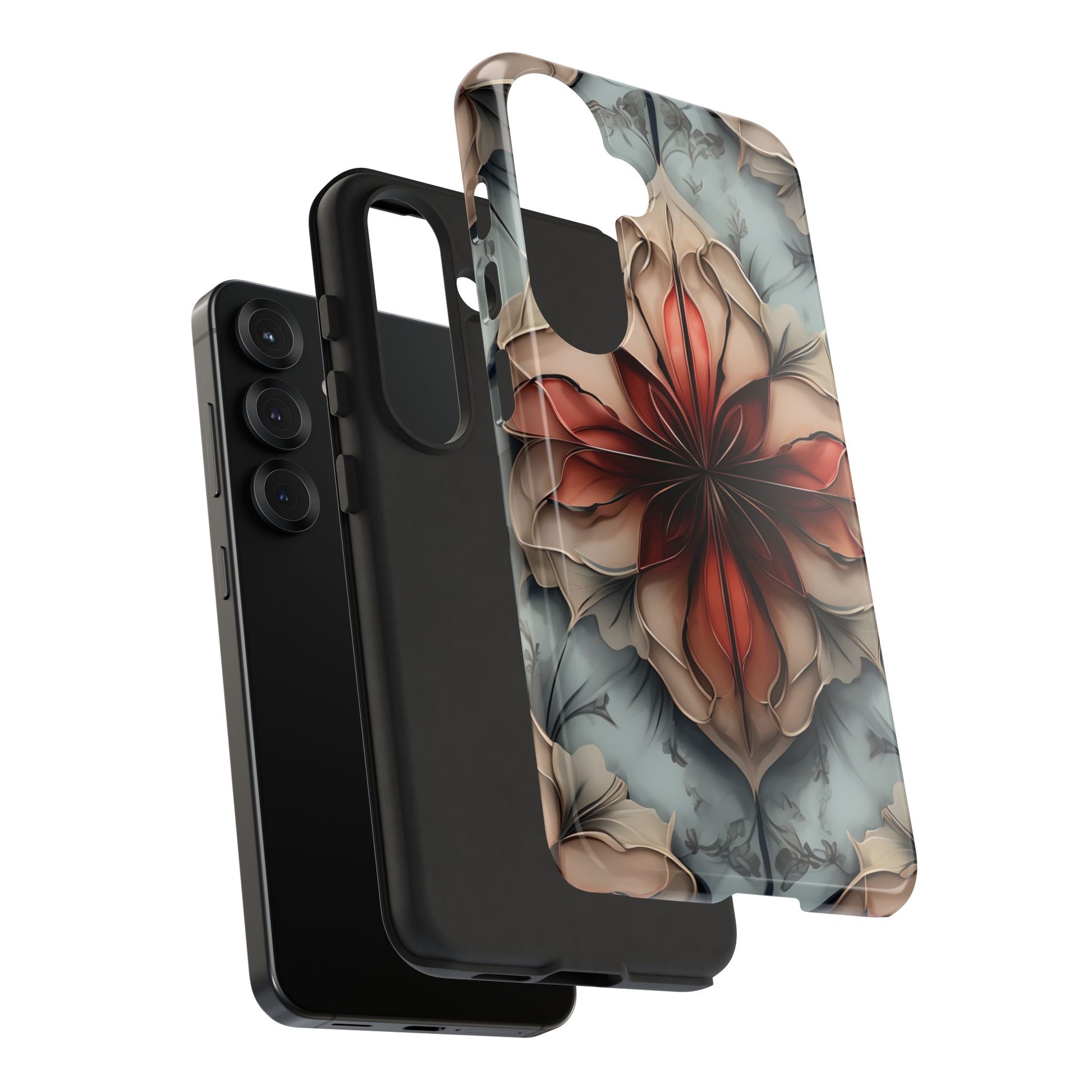 Ember Bloom - Kaleidoscope Collection Artistic Floral - Samsung Galaxy S25 Tough Phone Case - Fiery Symmetrical Design
