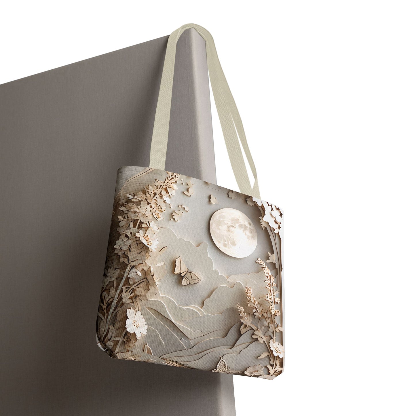 Moonlit Garden canvas tote bag hanging with moonlit floral garden illustration