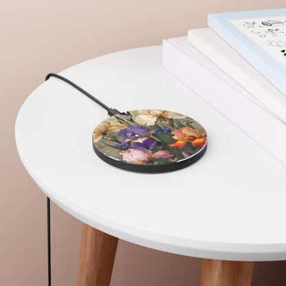 Iris Reverie botanical iris flower art Qi wireless charger on bedside table with books