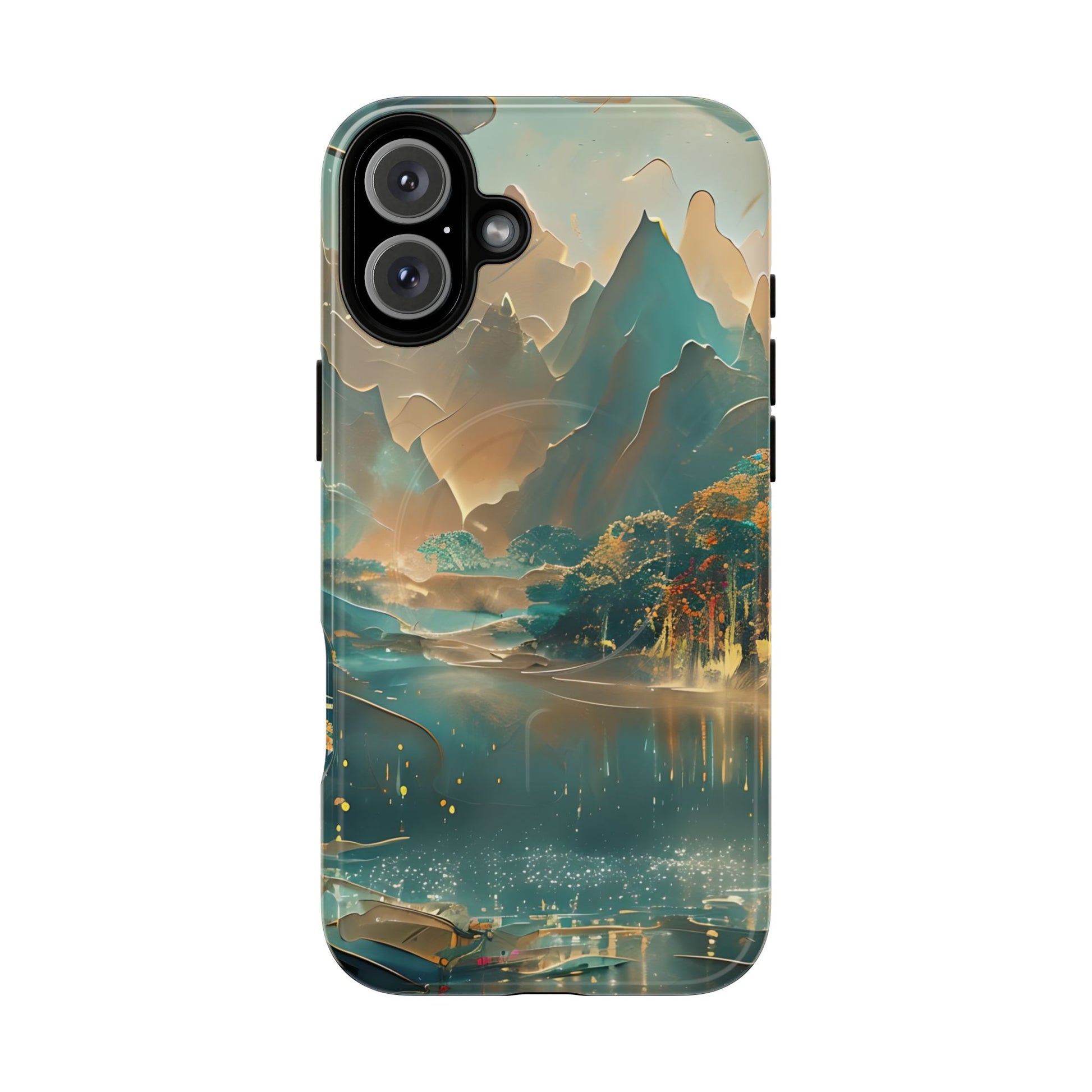Misty Horizon - Serene Landscape Art iPhone 16 Plus MagSafe Phone Case - Tranquil Mountain & Lake Design