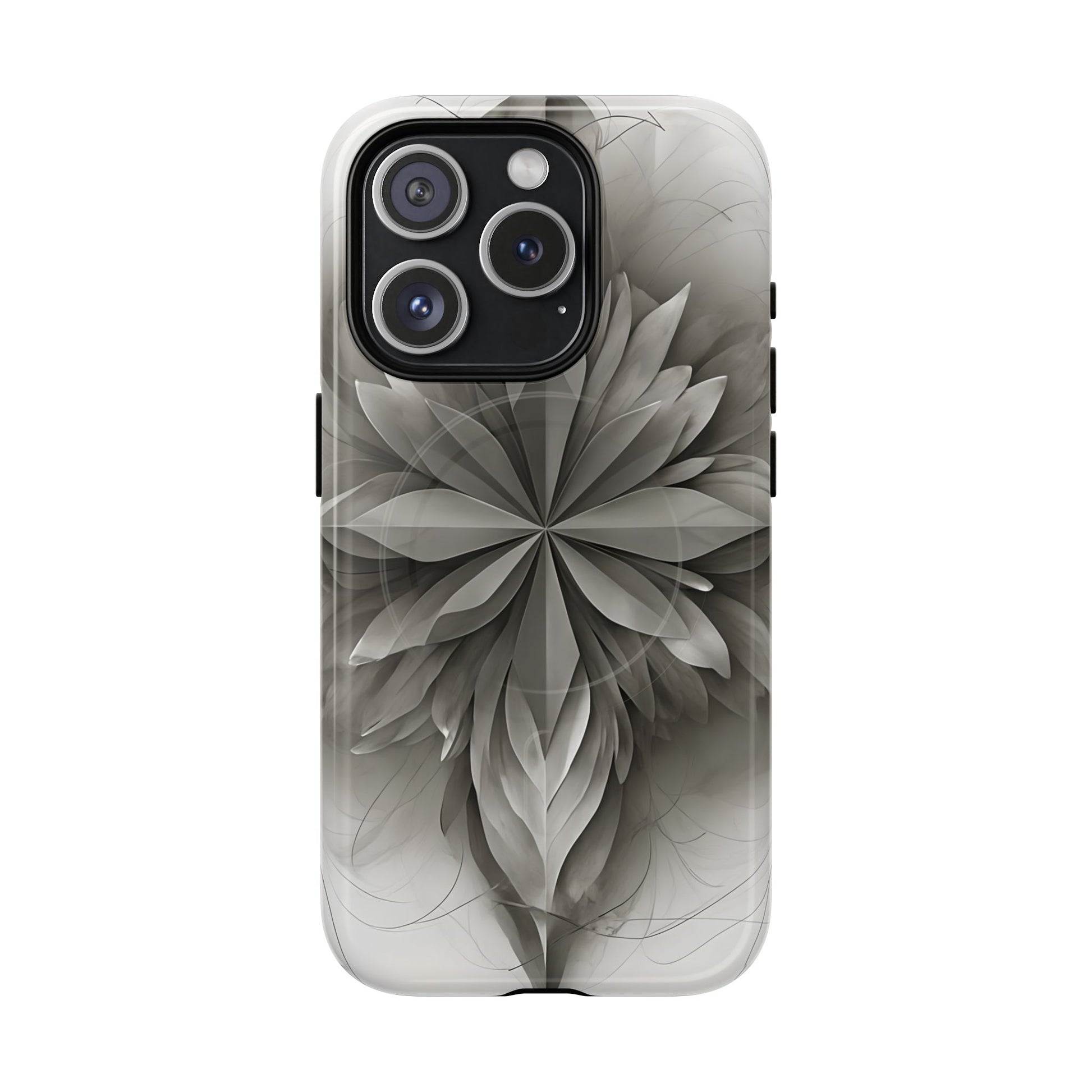 Silver Lotus - Elegant Monochrome Floral iPhone 15 Pro MagSafe Phone Case - Modern Lotus Design