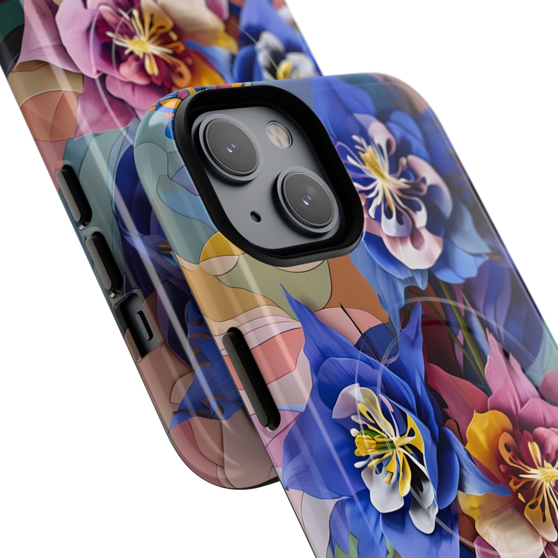Blue Columbine Carnivale - Artistic Floral & Butterfly iPhone 14 MagSafe Phone Case - Vibrant Botanical Design