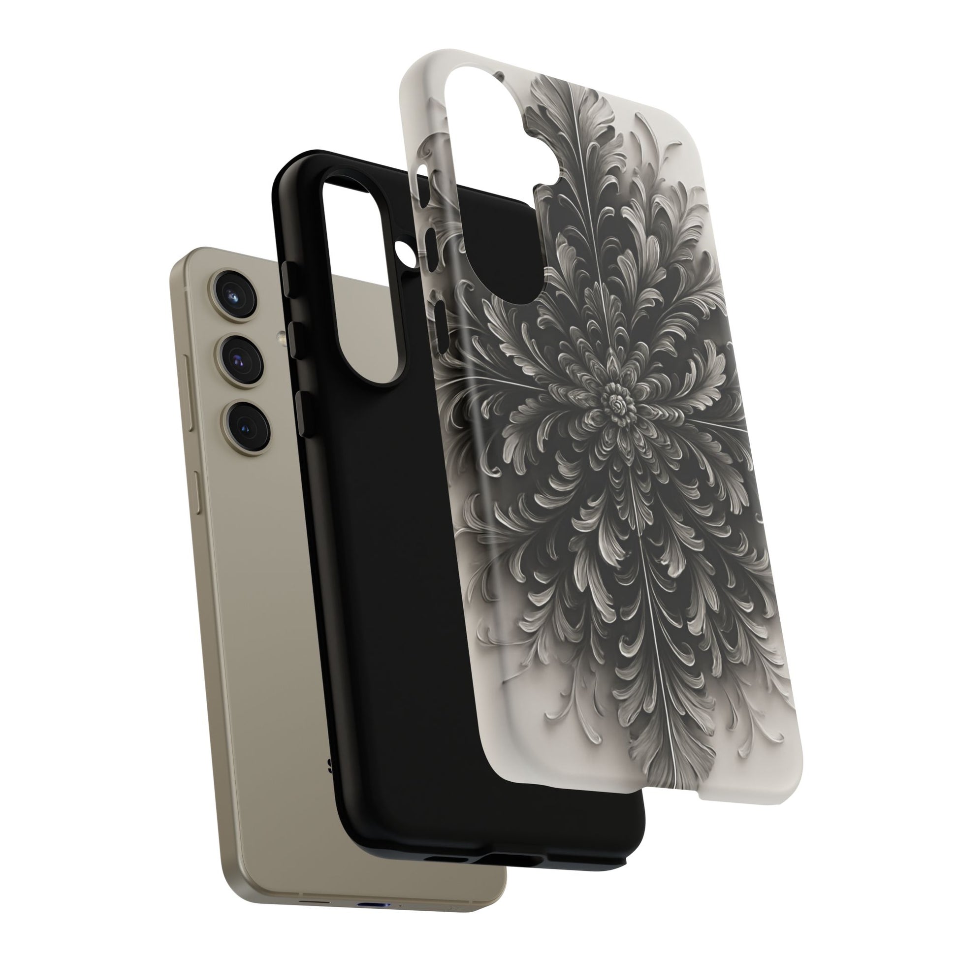 Obsidian Bloom - Elegant Black & White Samsung Galaxy S24 Plus Tough Phone Case - Intricate Mandala Flower Design