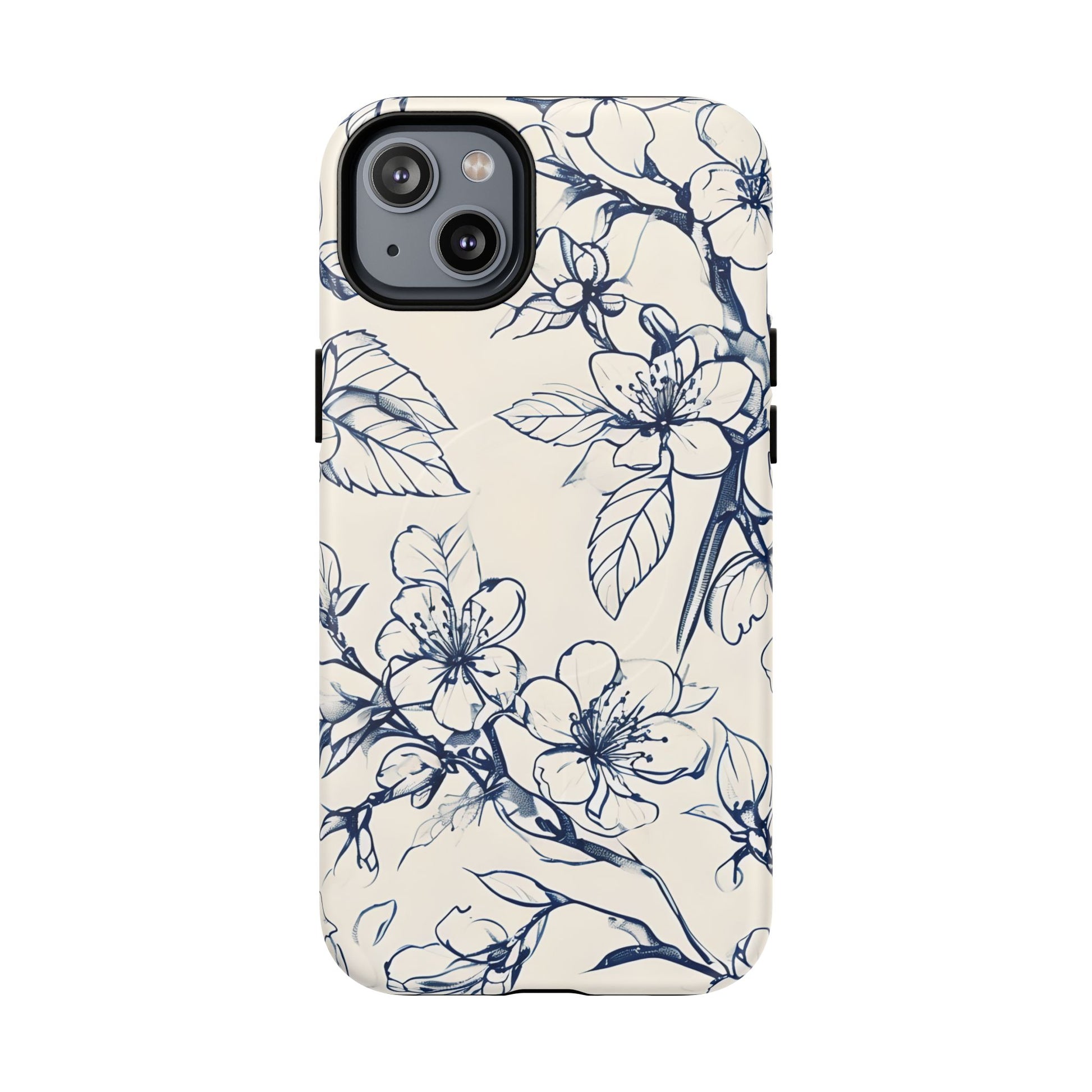 Blossom Sketch - Artistic Blue Floral - iPhone 14 Plus MagSafe Phone Case - Hand-Drawn Botanical Design
