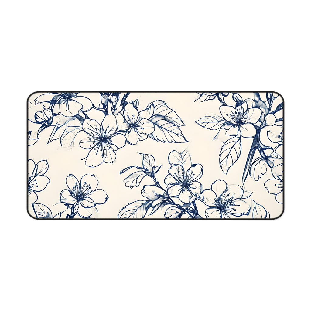 Blossom Sketch Designer Desk Mat - Premium Office Desk Pad, 3 Sizes Available, Blue Floral Botanical Workspace Protection