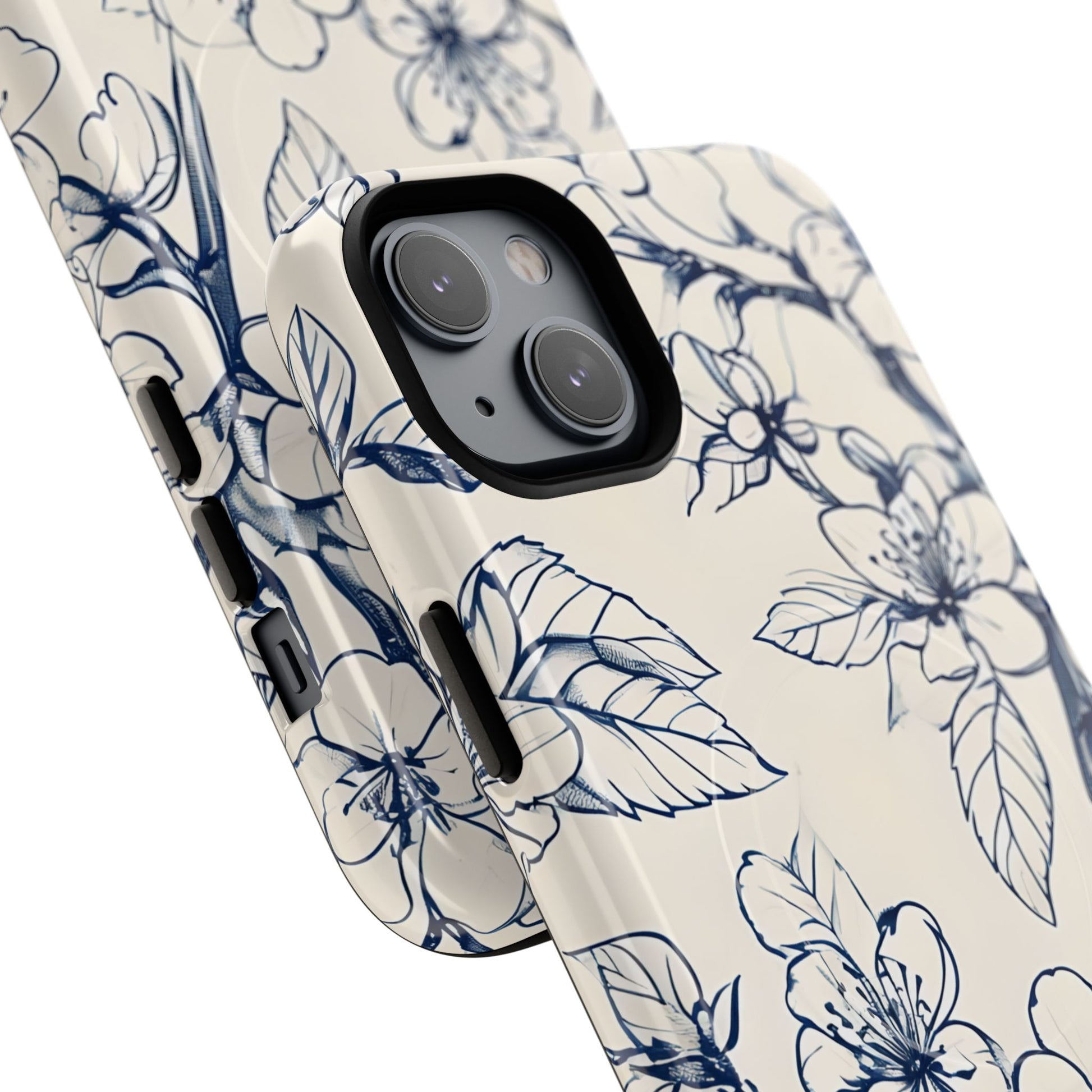 Blossom Sketch - Artistic Blue Floral - iPhone 14 Plus MagSafe Phone Case - Hand-Drawn Botanical Design