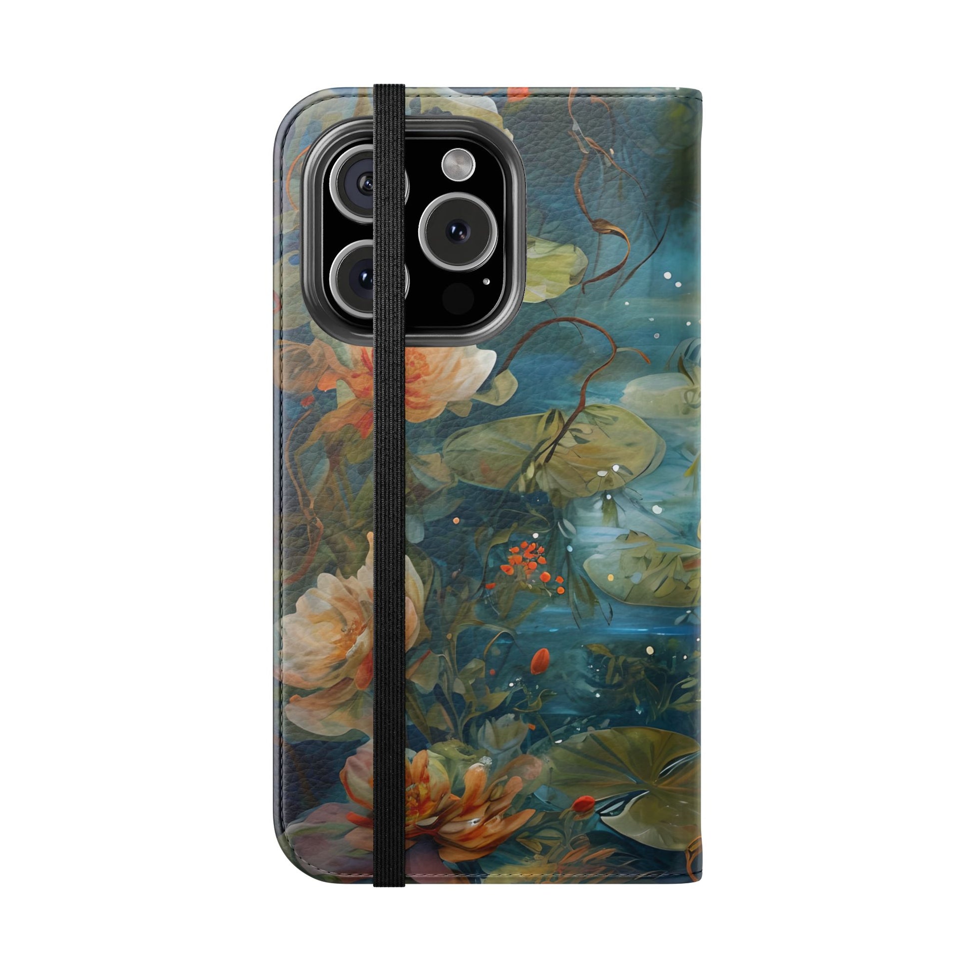 Waterlily Nocturne iPhone 16 Pro Wallet Case - Elegant Floral Flip Cover, Vintage Botanical Phone Folio