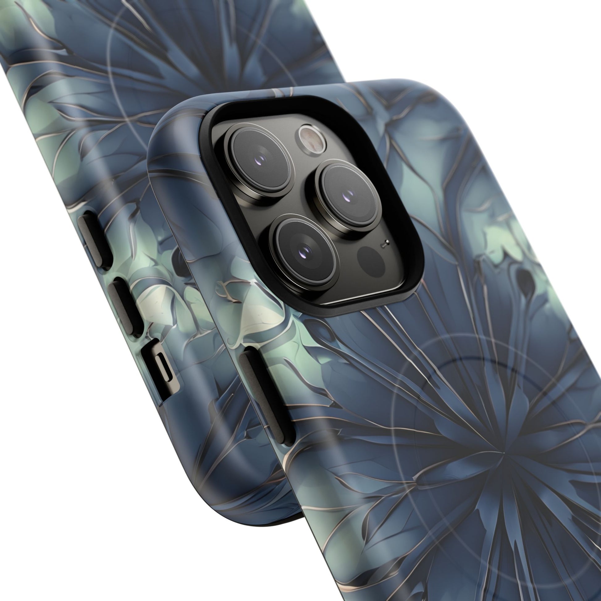 Indigo Mosaic - Artistic Kaleidoscope Collection Artistic Floral - iPhone 14 Pro Max MagSafe Phone Case -Bold Blue Symmetrical Design