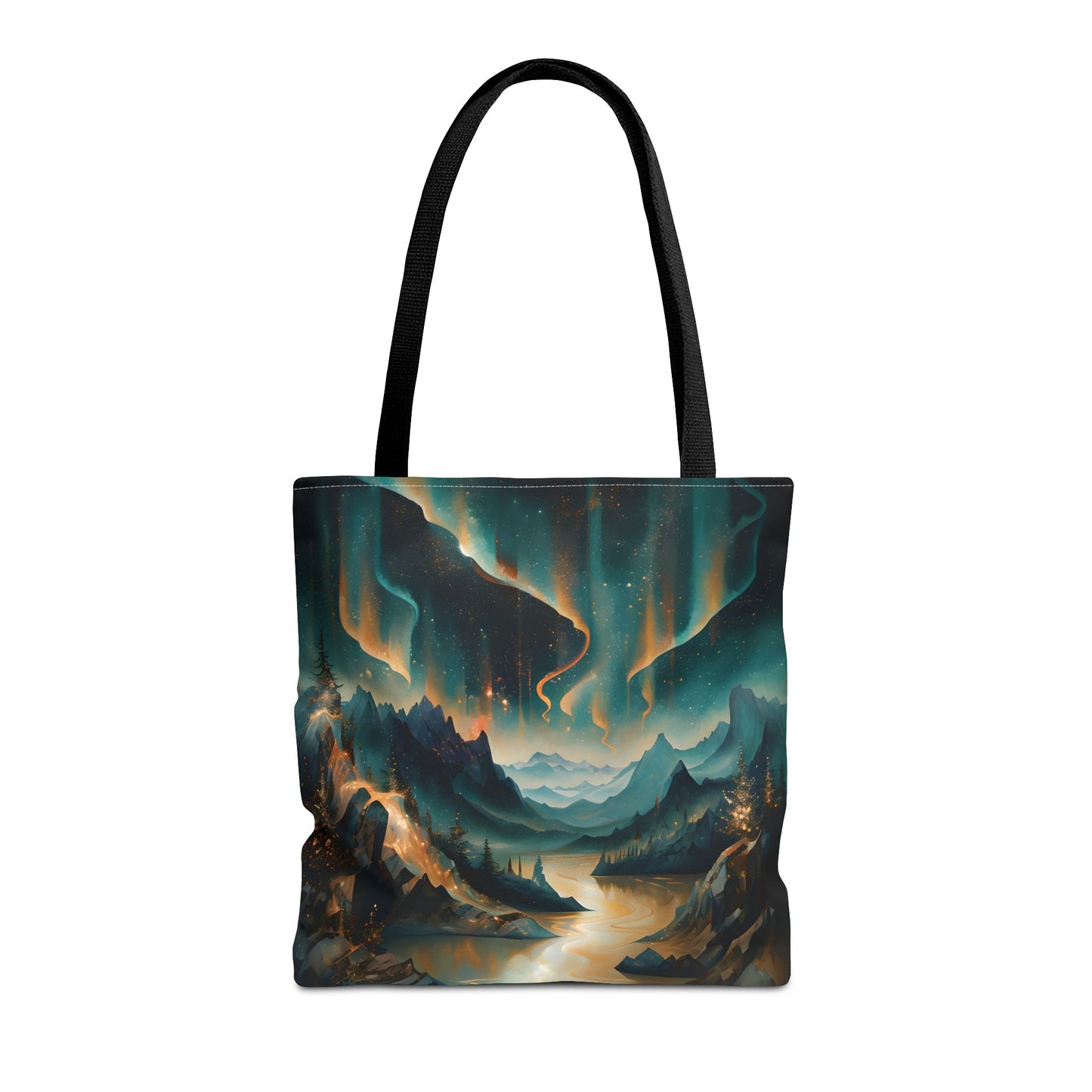 Aurora Dreamscape canvas tote bag featuring glowing aurora abstract artwork with black handles
