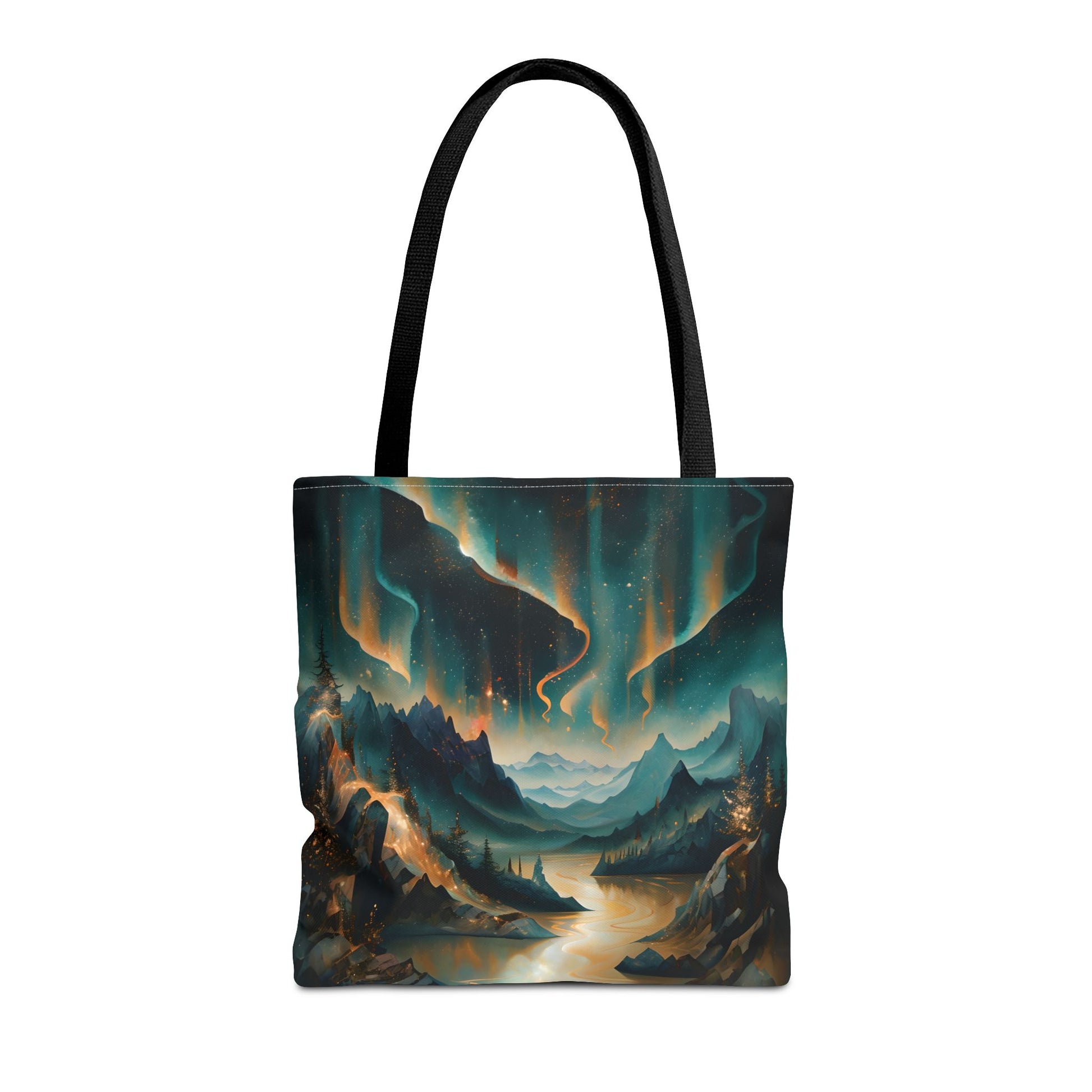 Aurora Dreamscape canvas tote bag featuring glowing aurora abstract artwork with black handles