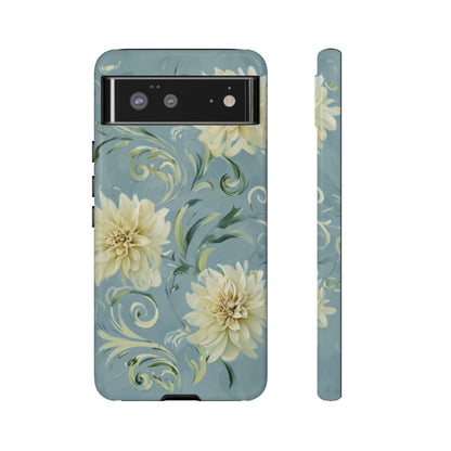 Golden Dahlia Trio - Elegant Floral Google Pixel Tough Phone Case - Artistic White & Blue Dahlia Design