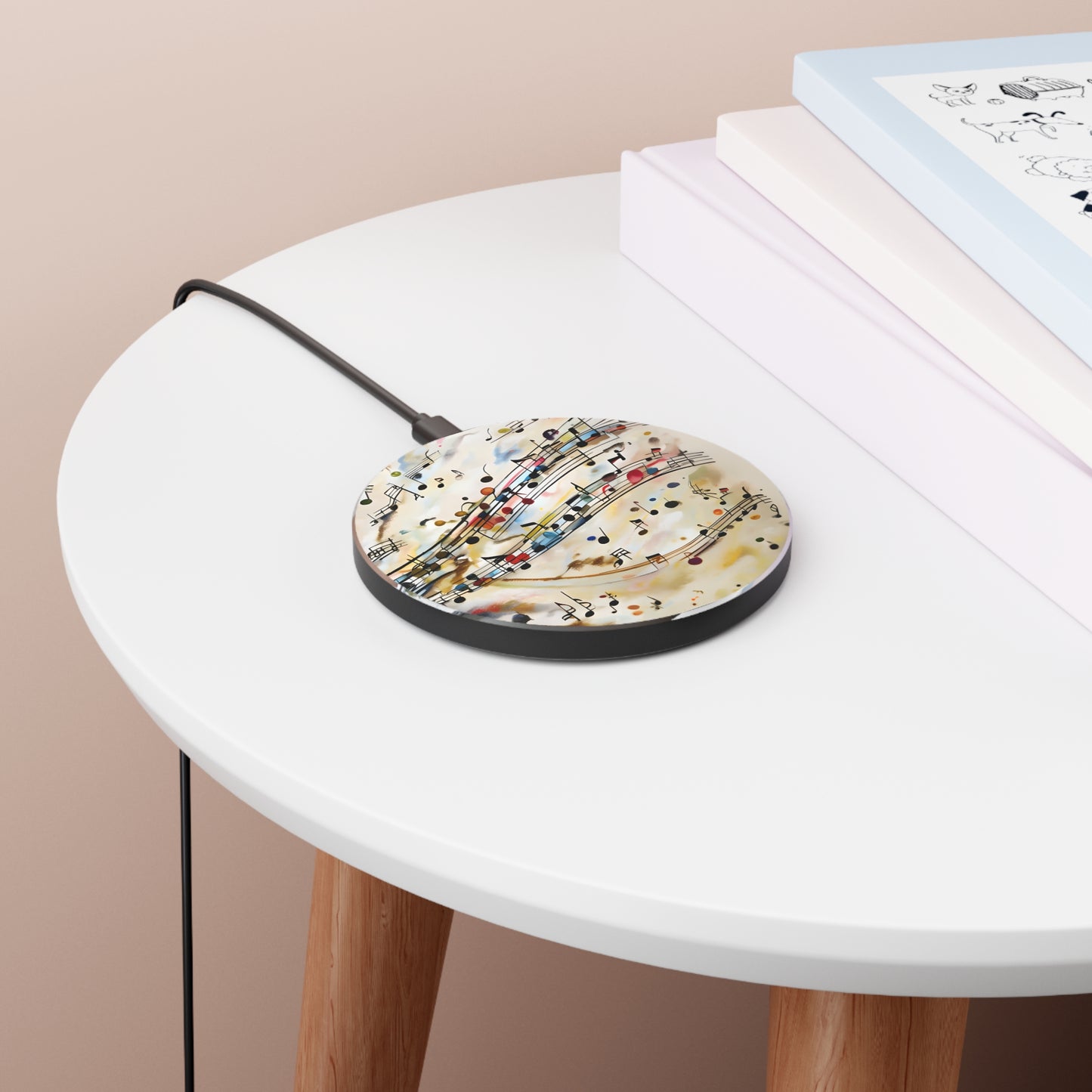 Melodic Flow sheet music art Qi wireless charger on bedside table with books