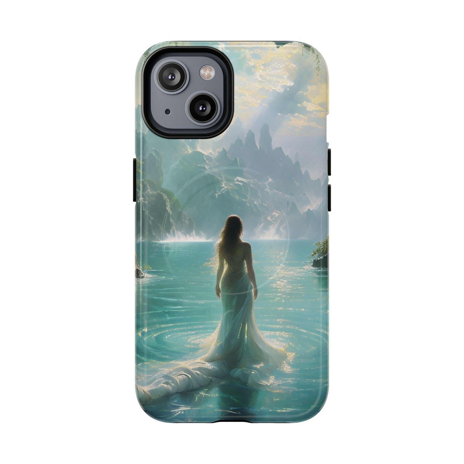 Celestial Tides - Dreamscape Art iPhone 14 MagSafe Phone Case -Ethereal Woman & Fantasy Landscape Design