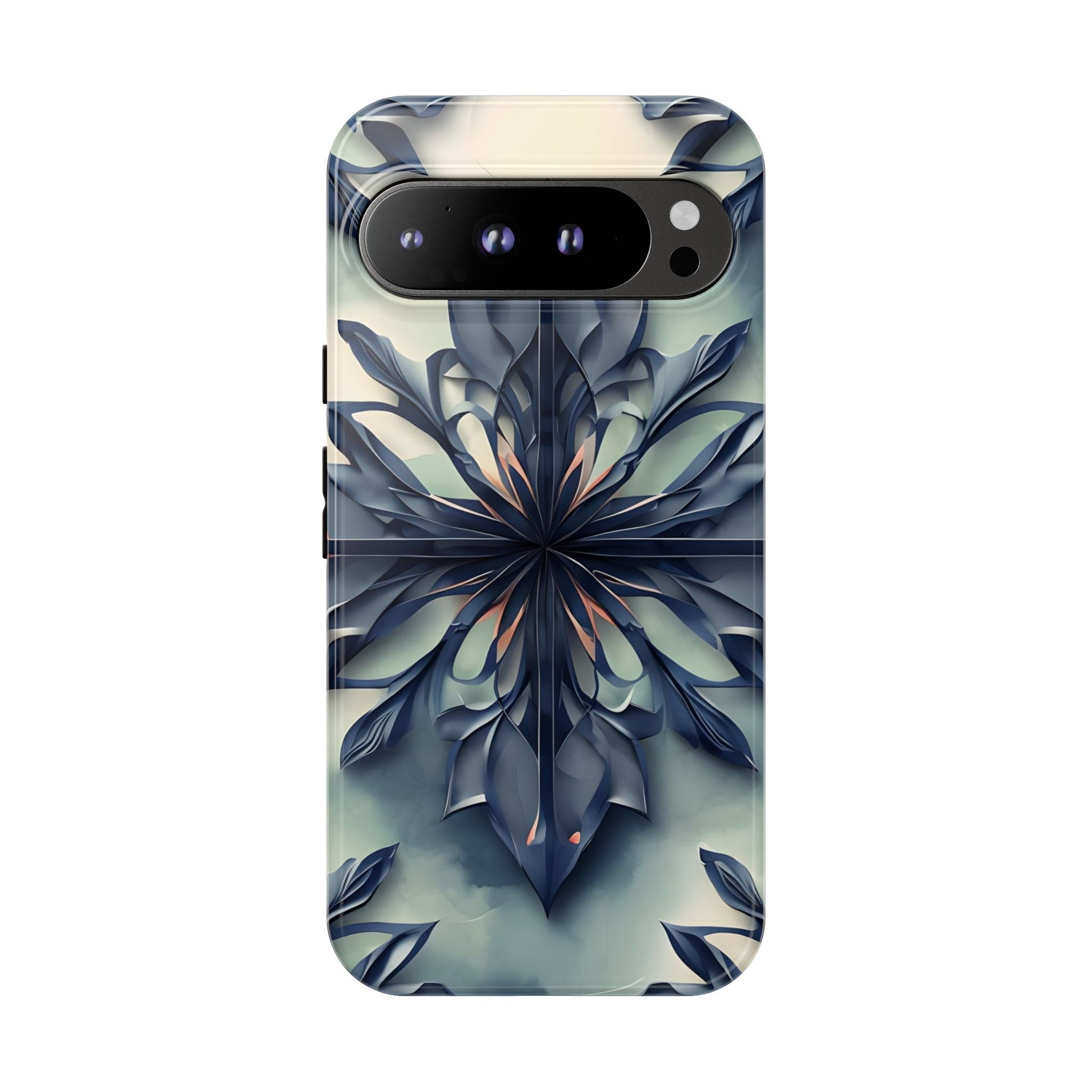 Frosted Indigo Bloom - Artistic Kaleidoscope Collection Artistic Floral - Google Pixel 9 Pro XL Tough Phone Case - Blue Symmetrical Design