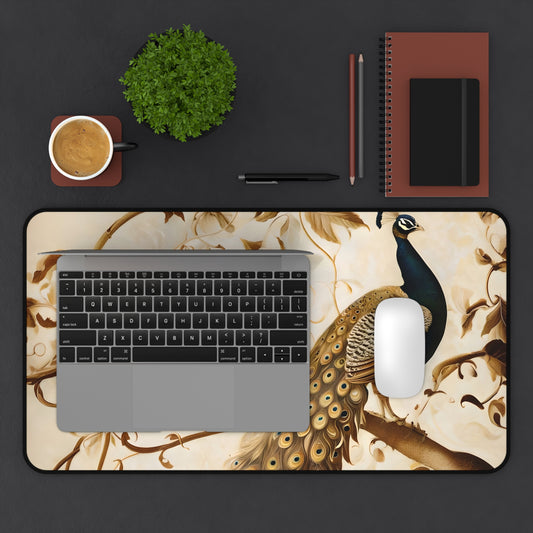 Golden Plumage desk mat in workspace with keyboard showing graceful feather artwork