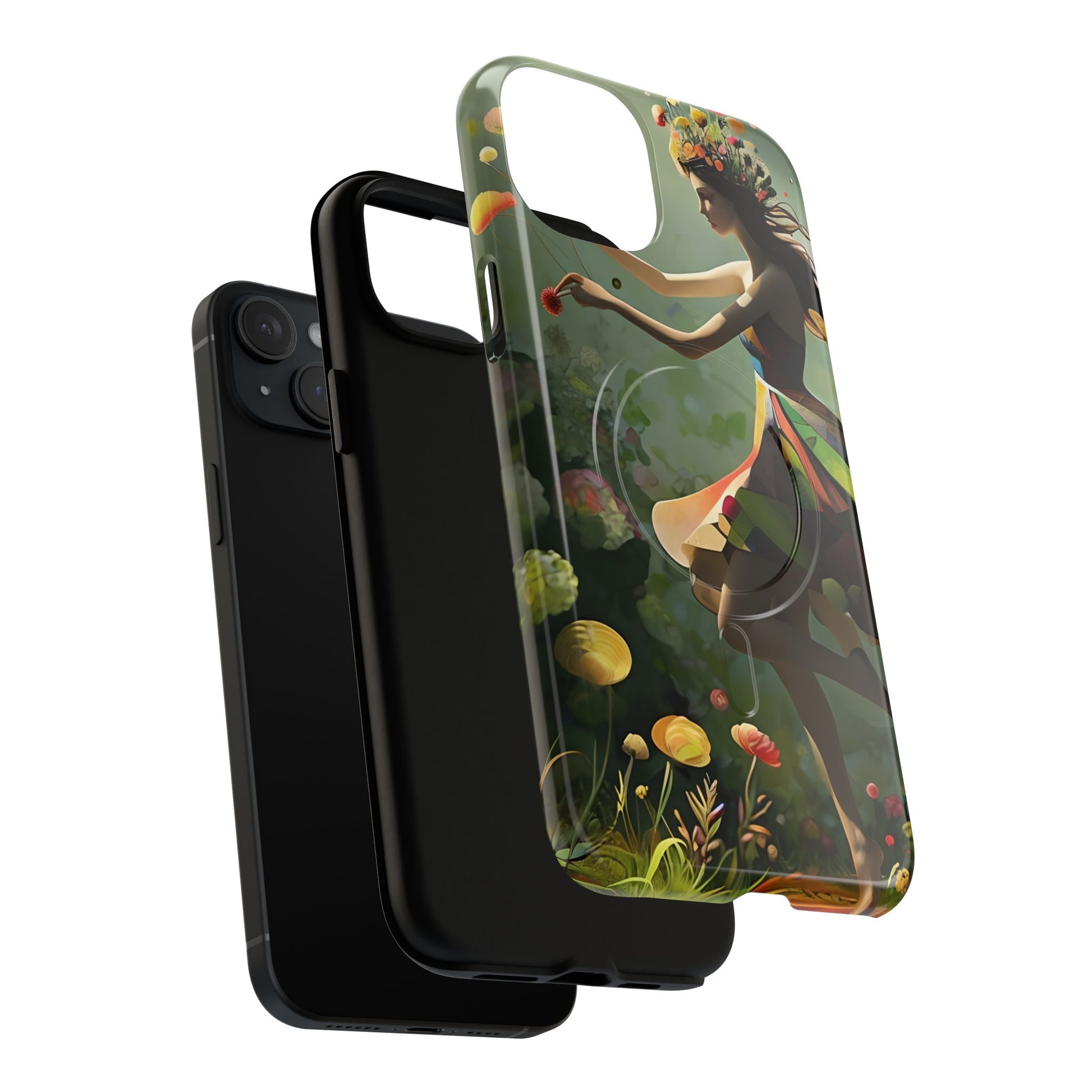 Dancing Wildflower Muse iPhone 15 Plus - Artistic Floral Fantasy Cover - MagSafe Compatible - Whimsical Nature-Inspired Protective Accessory