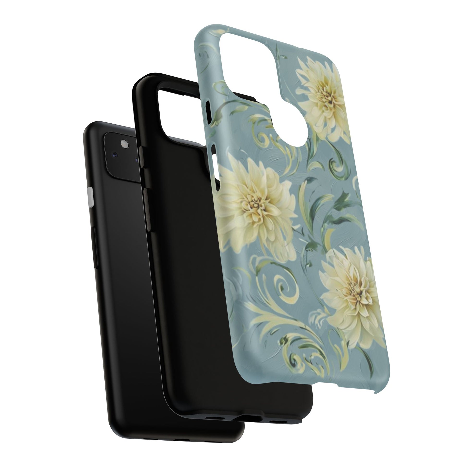 Golden Dahlia Trio - Elegant Floral Google Pixel 4a 5G Tough Phone Case - Artistic White & Blue Dahlia Design