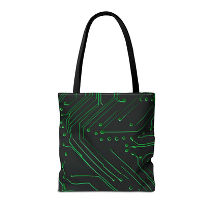 Green Circuit Grid Tote Bag (16x16 & 18x18)- Tech-Inspired Design on Black, Reusable & Eco-Friendly