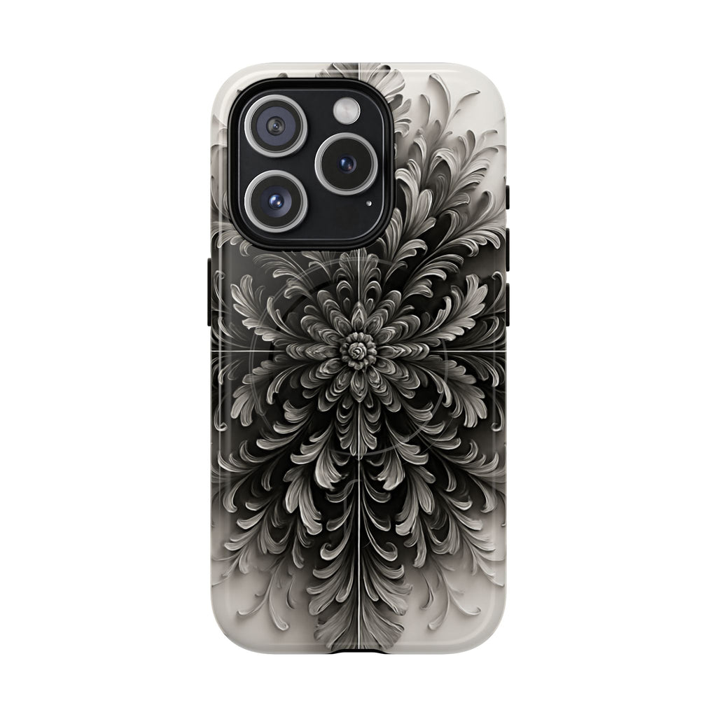 Obsidian Bloom - Elegant Black & White iPhone 15 Pro MagSafe Phone Case - Intricate Mandala Flower Design