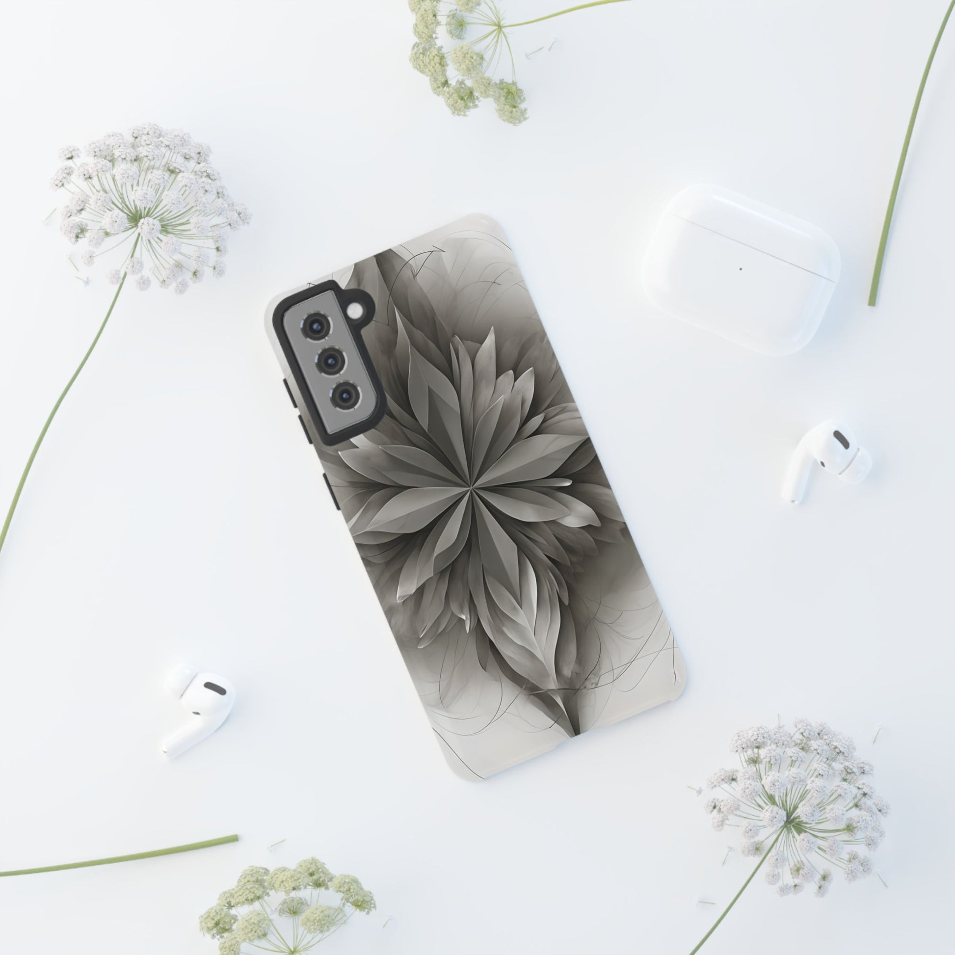 Silver Lotus - Elegant Monochrome Floral Samsung Galaxy S21 Plus Tough Phone Case - Modern Lotus Design