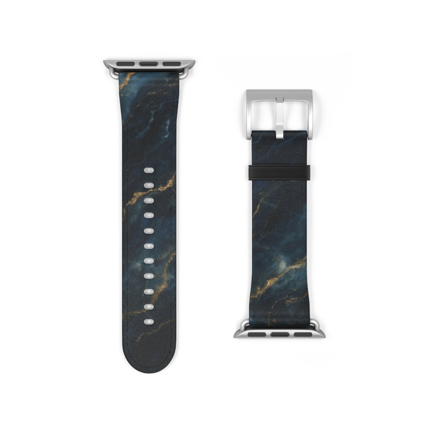 Midnight Marble Apple Watch band strap with silver clasp showing deep charcoal marble texture with fine gold veins