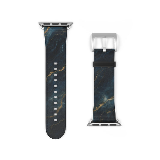 Midnight Marble Apple Watch band strap with silver clasp showing deep charcoal marble texture with fine gold veins