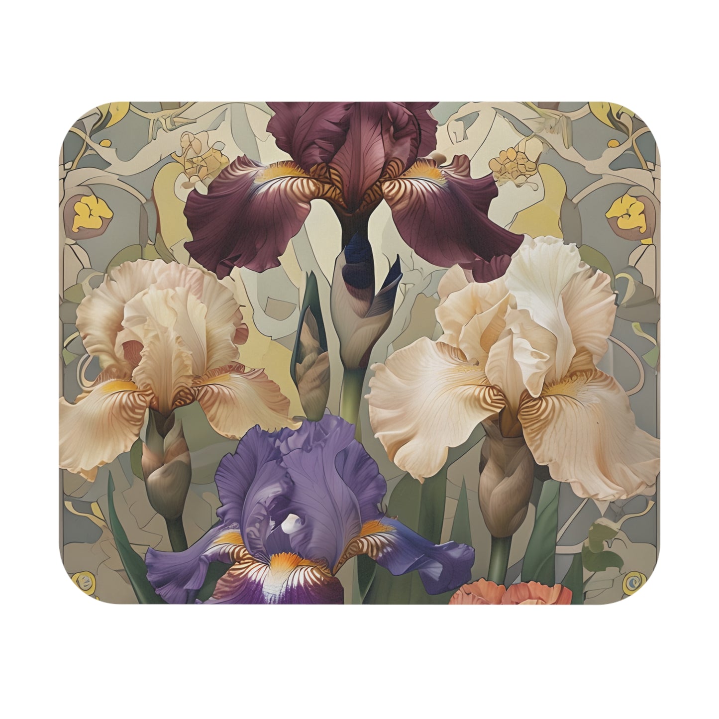 Iris Reverie mouse pad featuring vibrant iris flower bouquet artwork