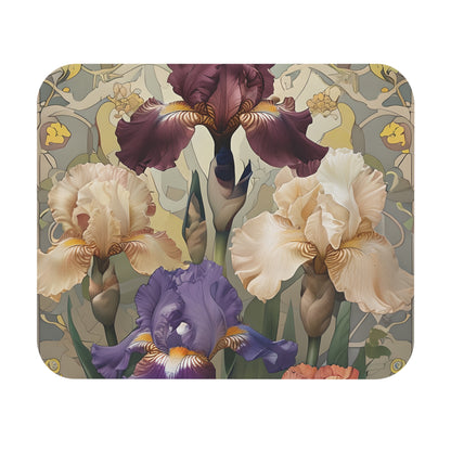 Iris Reverie mouse pad featuring vibrant iris flower bouquet artwork