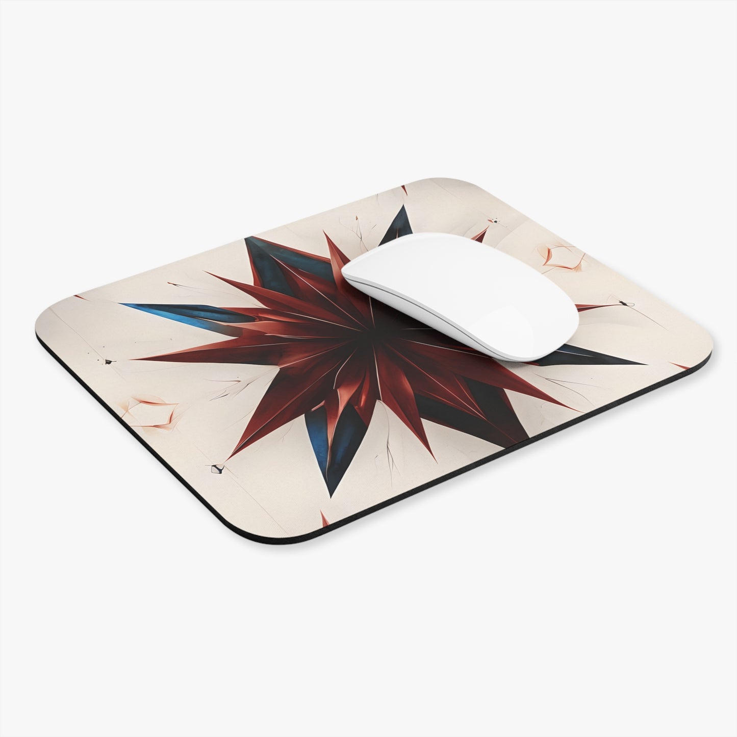 Garnet Starburst mouse pad in workspace with mouse showing red starburst artwork