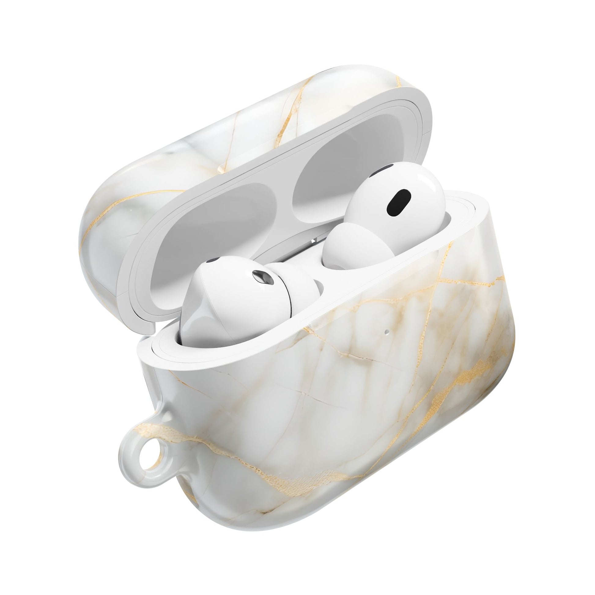 Golden Vein AirPods case open showing protective cover with white marble and gold vein artwork