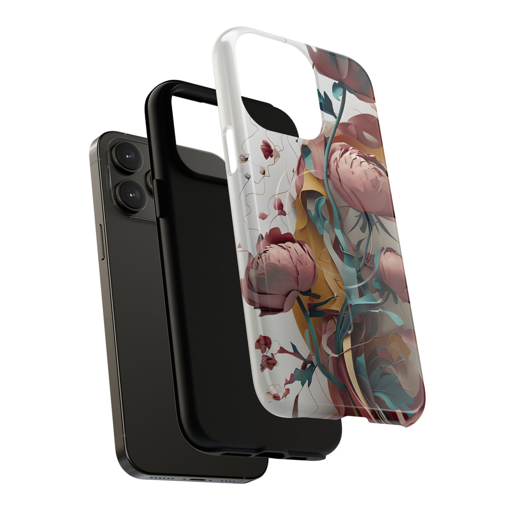 Blushing Peony Veil - Elegant Painterly Floral iPhone 14 Pro Max MagSafe Phone Case - Soft Blush & Teal Peony Design