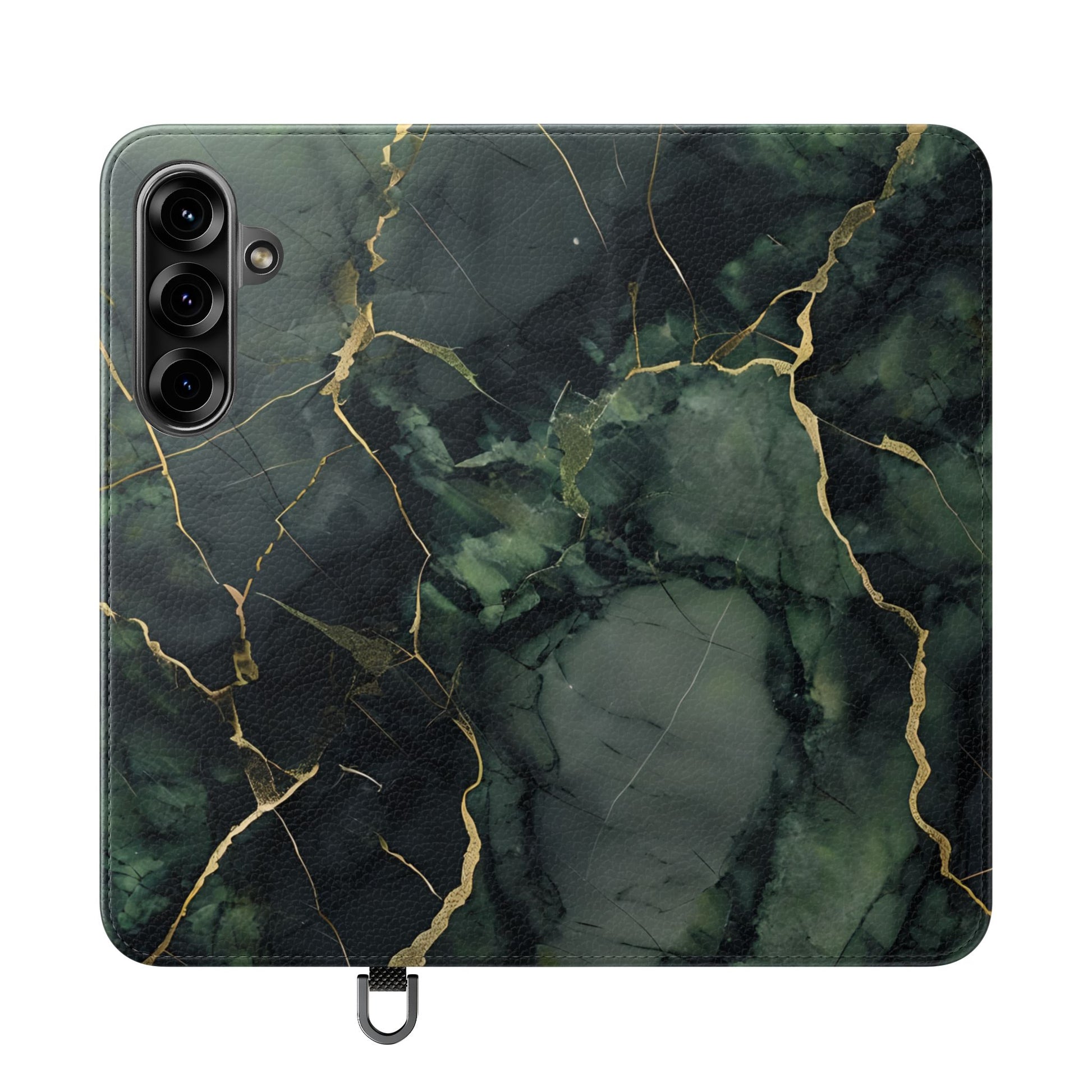 Verdant Vein - Flip Phone Case for Samsung Galaxy S25 Plus - Green and Gold Marble Design