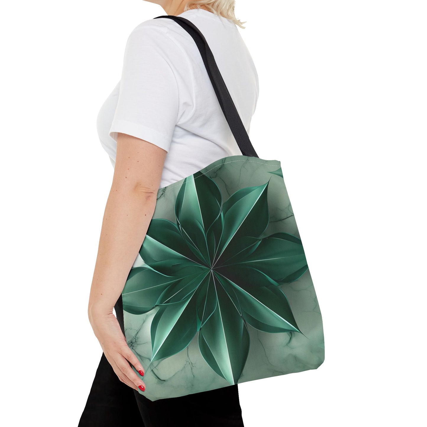 Emerald Bloom canvas tote bag worn over shoulder displaying vibrant green floral artwork