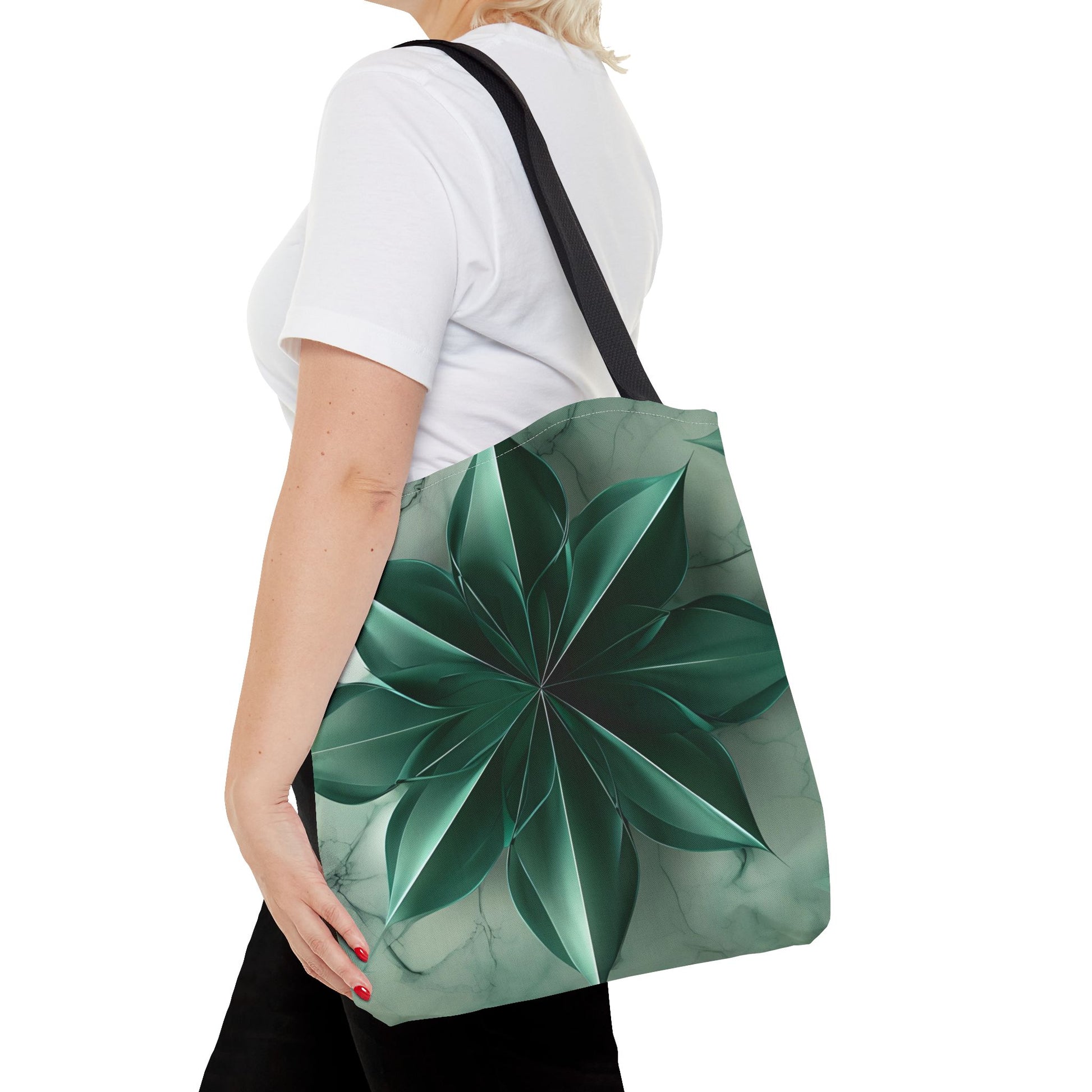 Emerald Bloom canvas tote bag worn over shoulder displaying vibrant green floral artwork