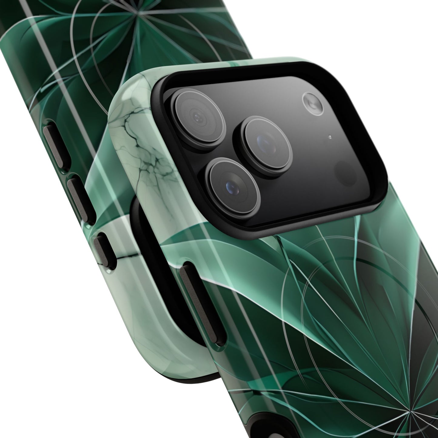 Angled view of Emerald Bloom iPhone MagSafe protective phone case with large camera cutout
