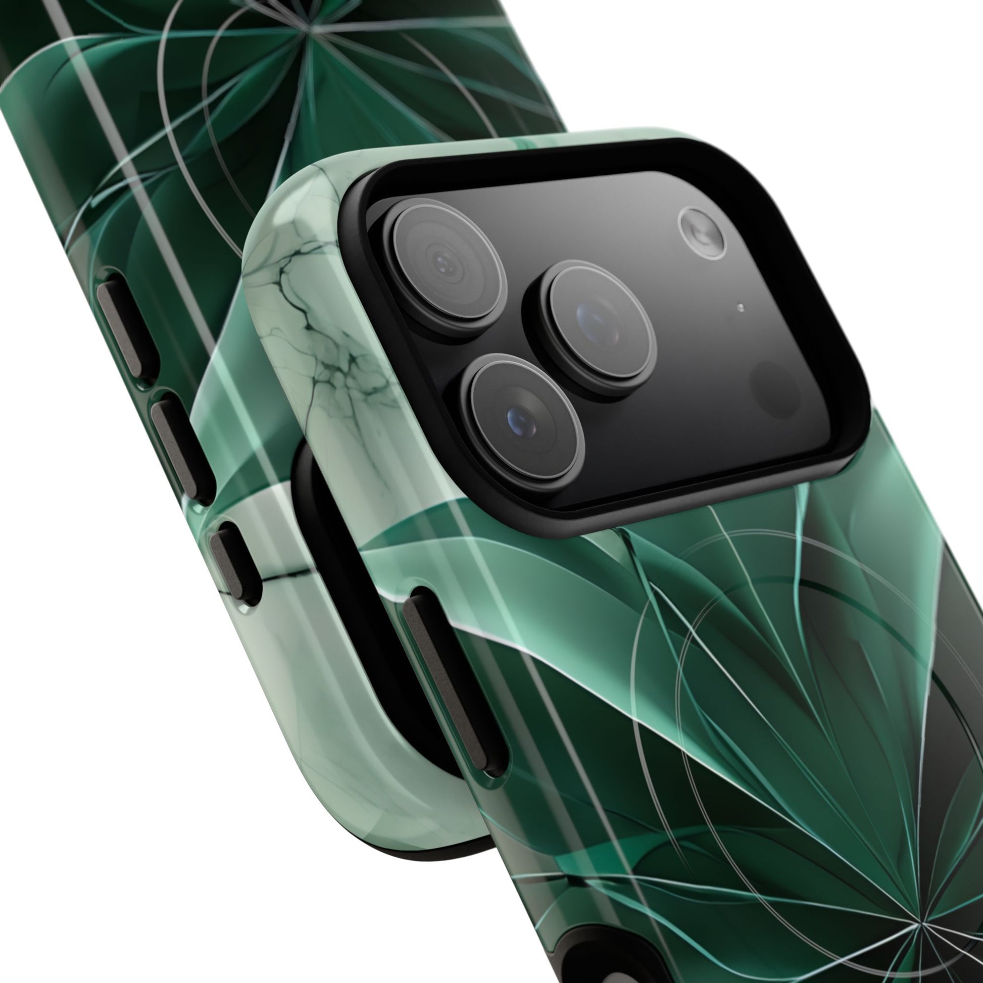 Angled view of Emerald Bloom iPhone MagSafe protective phone case with large camera cutout