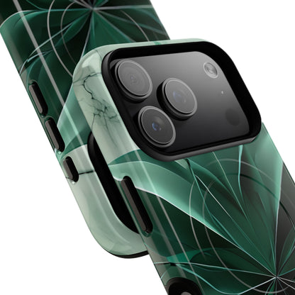 Angled view of Emerald Bloom iPhone MagSafe protective phone case with large camera cutout
