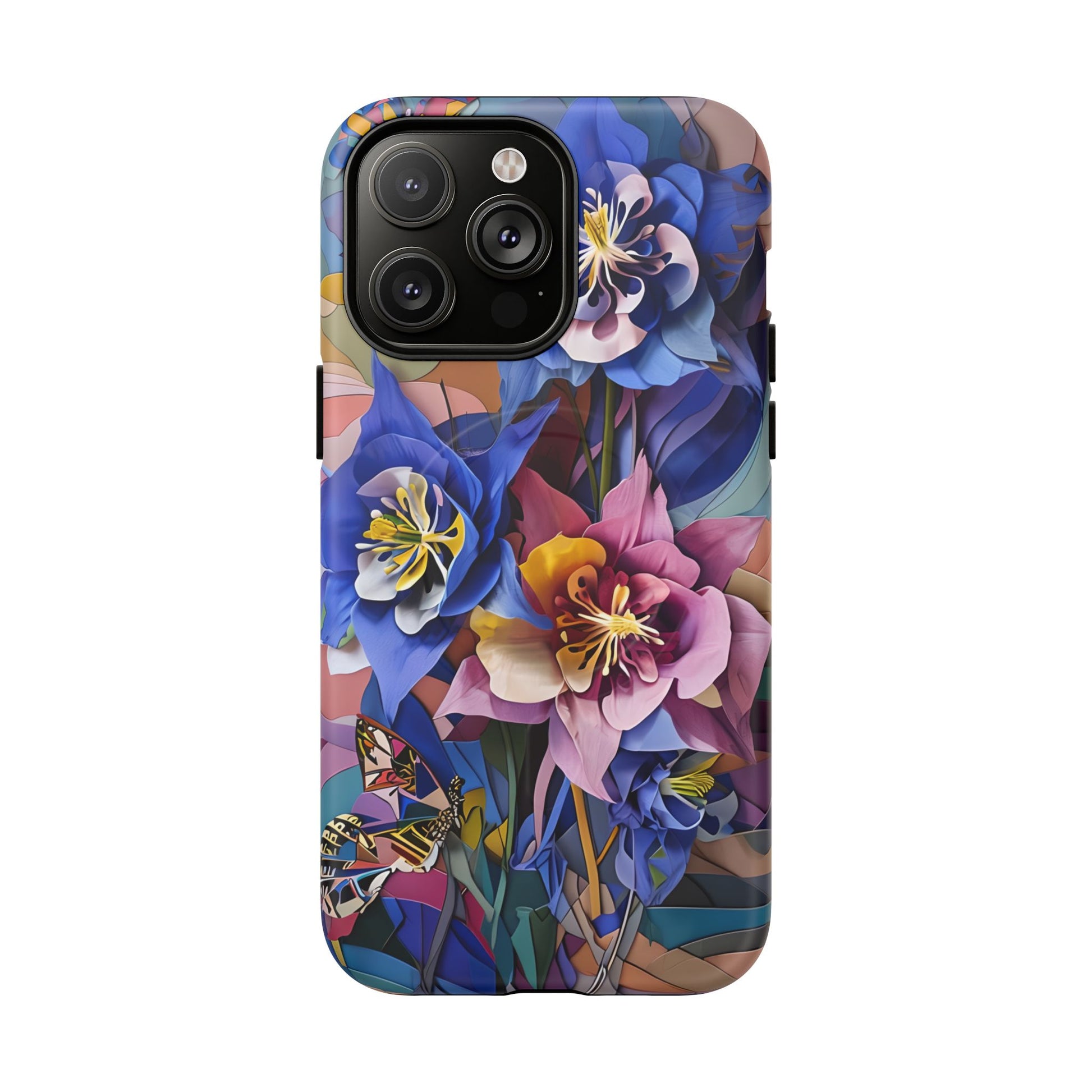 Blue Columbine Carnivale - Artistic Floral & Butterfly iPhone 14 Pro Max MagSafe Phone Case - Vibrant Botanical Design