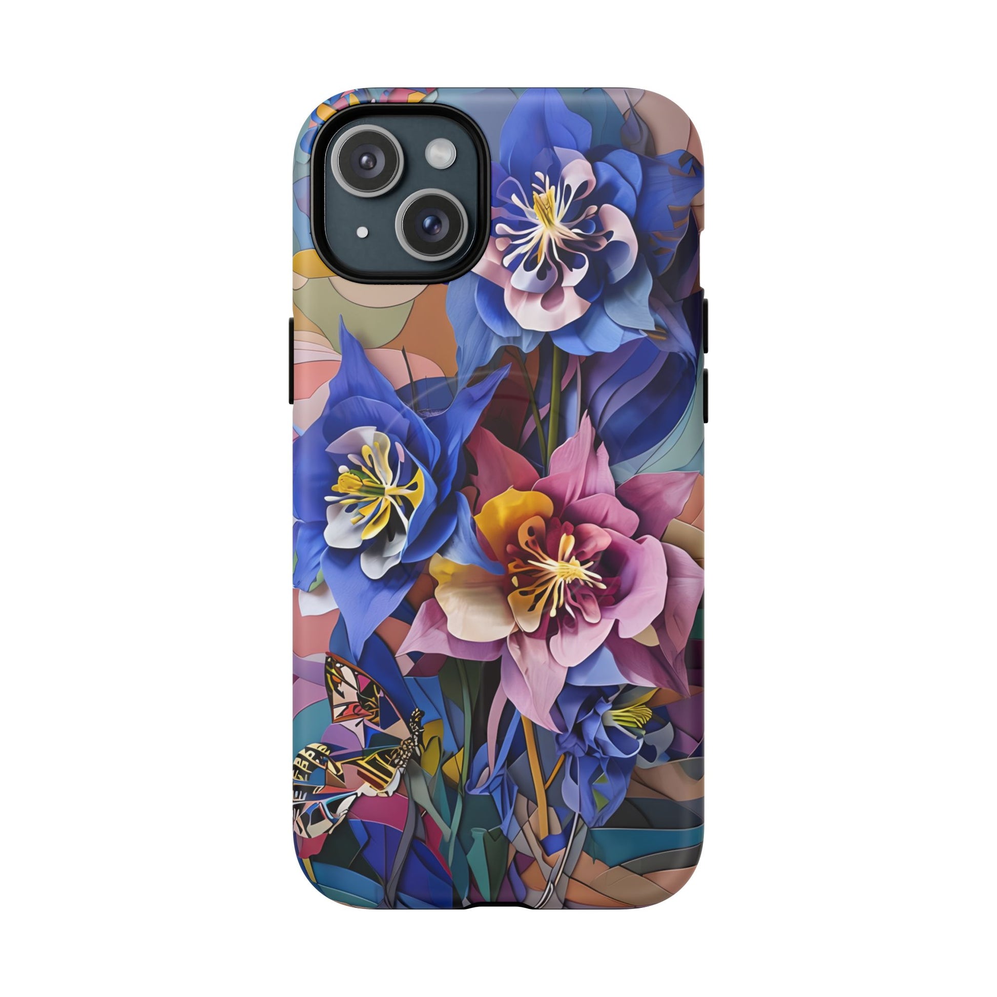 Blue Columbine Carnivale - Artistic Floral & Butterfly iPhone 15 Plus MagSafe Phone Case - Vibrant Botanical Design