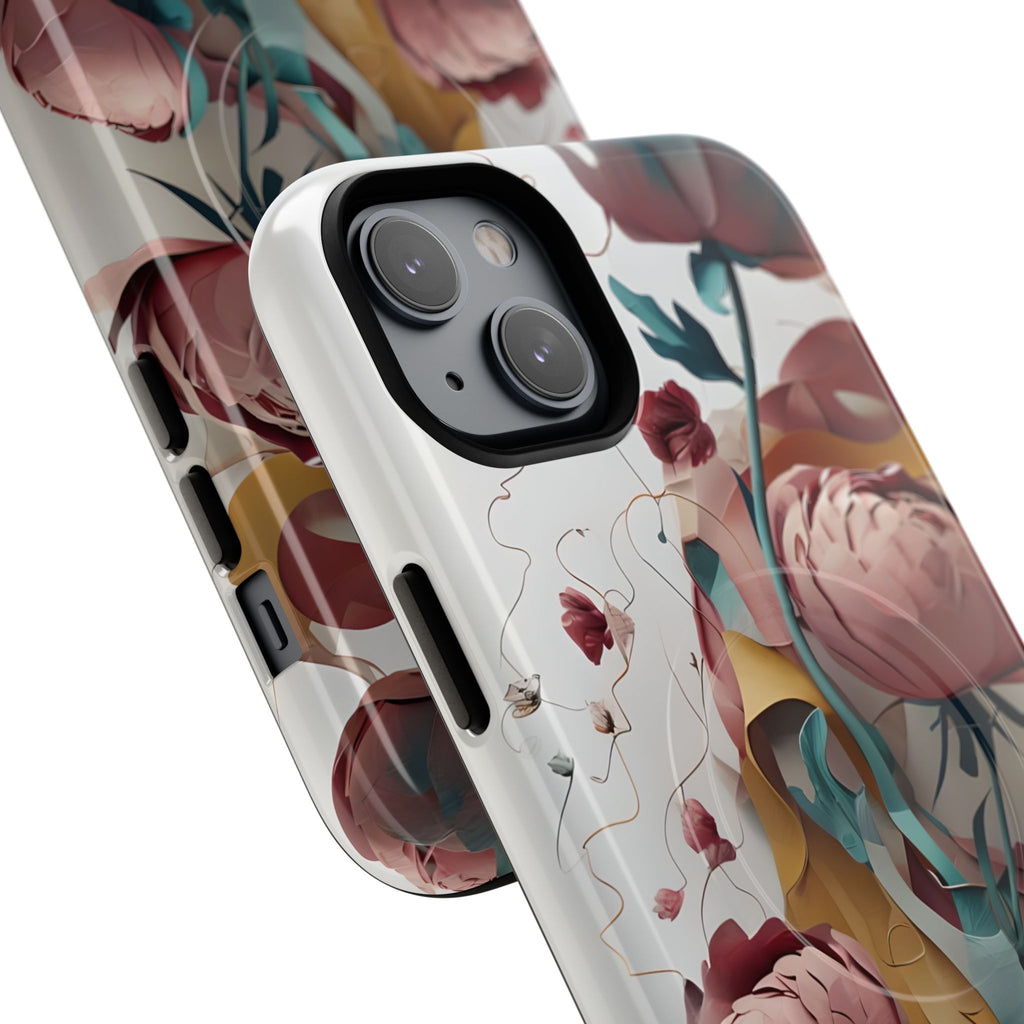 Blushing Peony Veil - Elegant Painterly Floral iPhone 14 Plus MagSafe Phone Case - Soft Blush & Teal Peony Design
