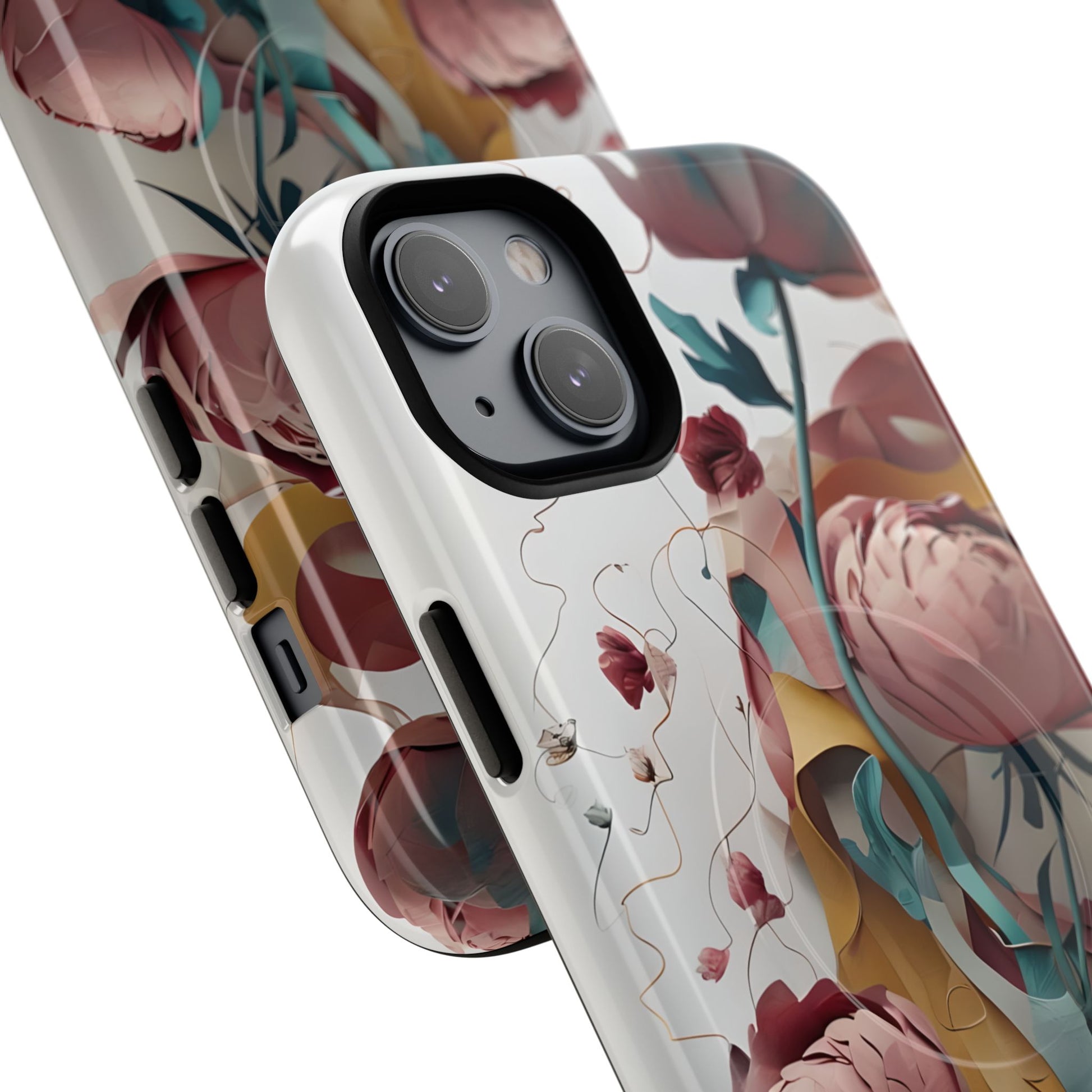 Blushing Peony Veil - Elegant Painterly Floral iPhone 14 Plus MagSafe Phone Case - Soft Blush & Teal Peony Design