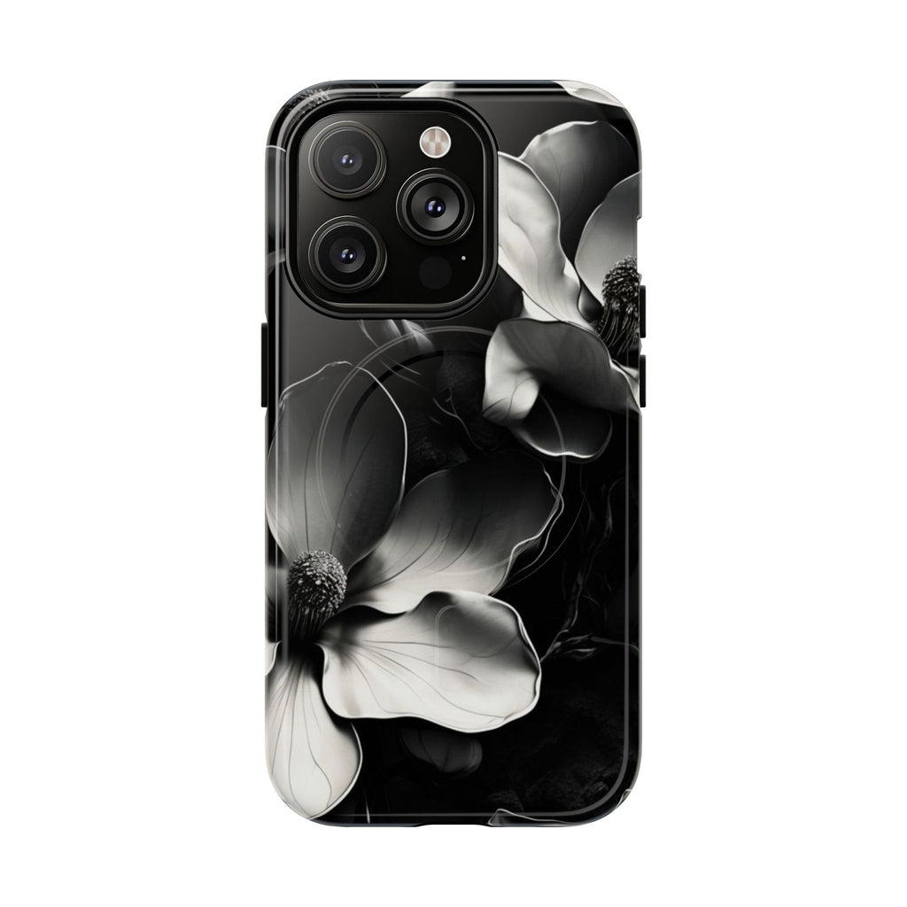 Monochrome Magnolia - Elegant Black & White Floral iPhone 14 Pro MagSafe Phone Case - Artistic Magnolia Design