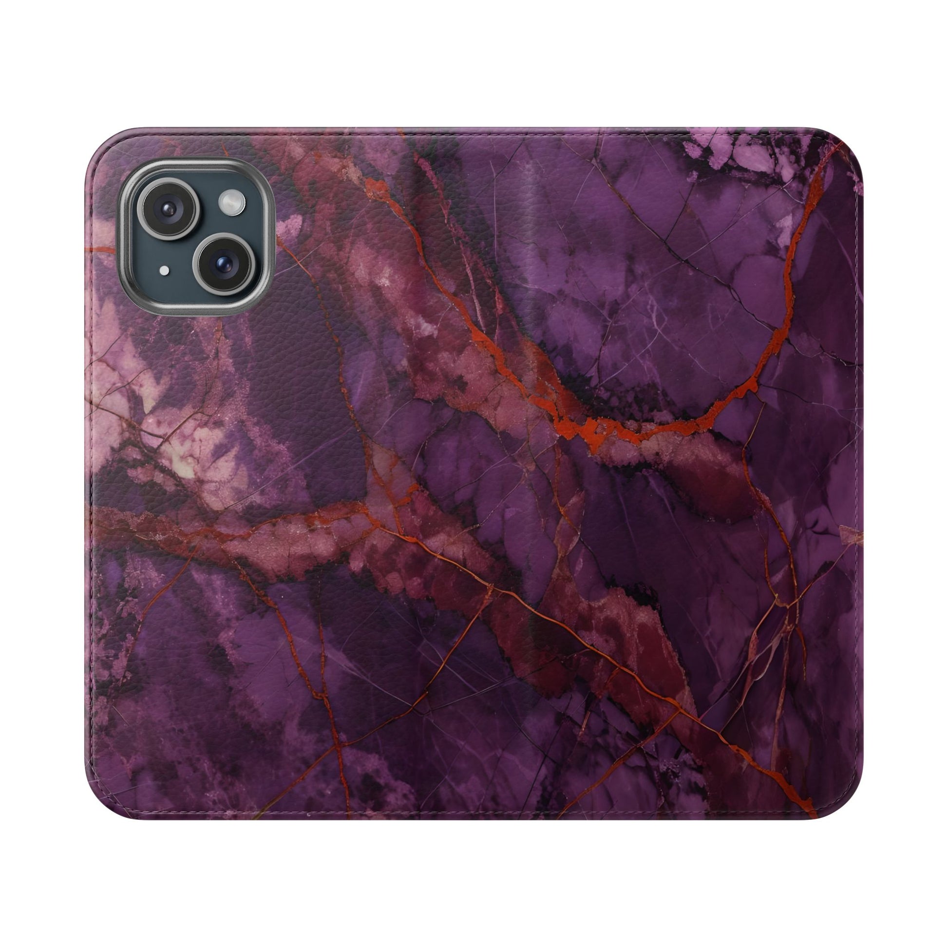 Amethyst Current Wallet Phone Case - Elegant Purple Marble Flip Cover for iPhone 15