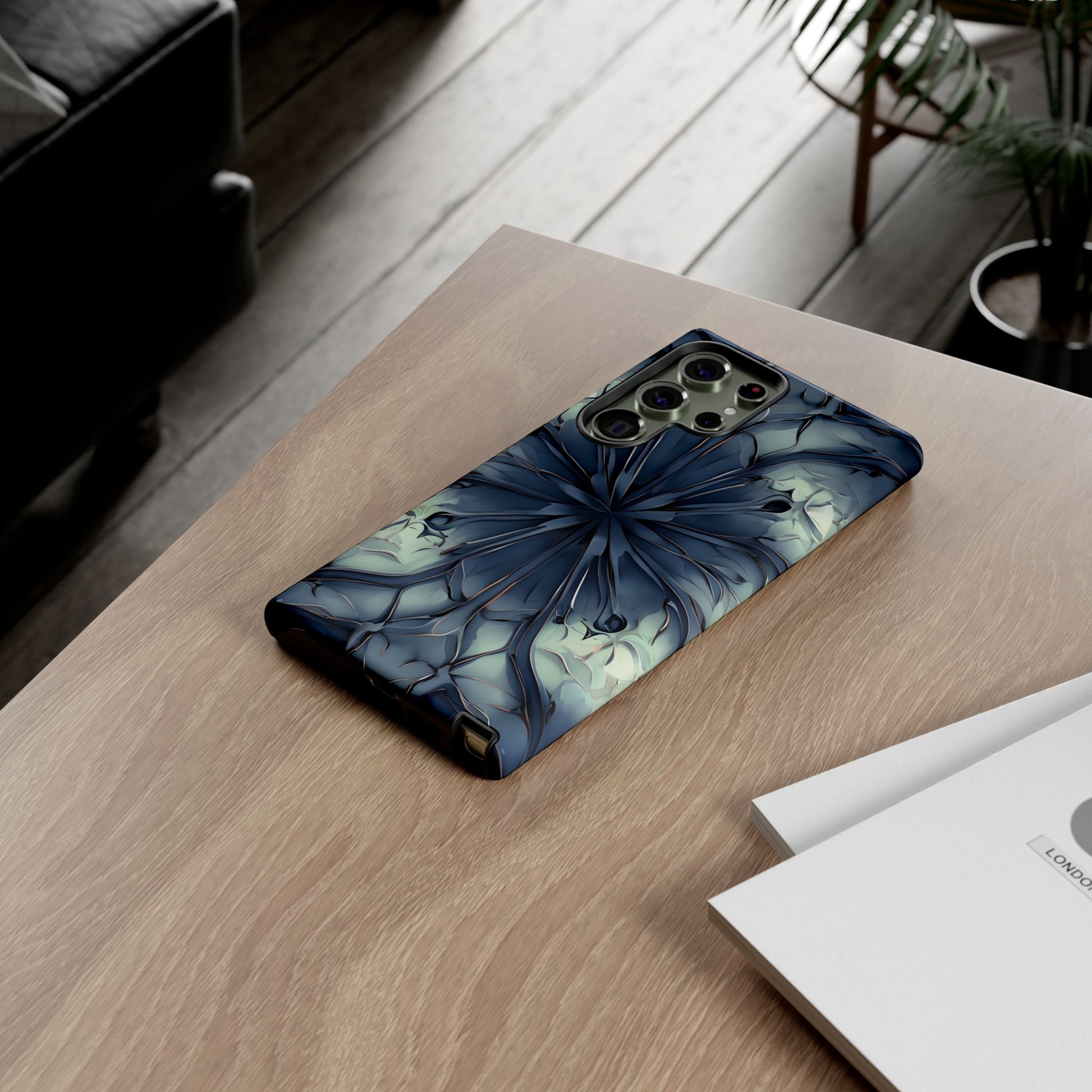 Indigo Mosaic - Artistic Kaleidoscope Collection Artistic Floral - Samsung Galaxy S23 Ultra Tough Phone Case - Bold Blue Symmetrical Design