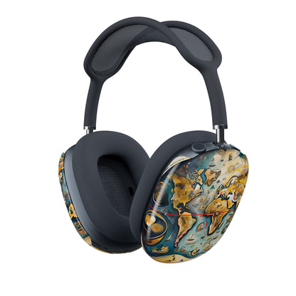 Celestial Map AirPods Max cover with vintage world map and swirling cosmic illustrations in teal and gold, angled view on Apple AirPods Max headphones