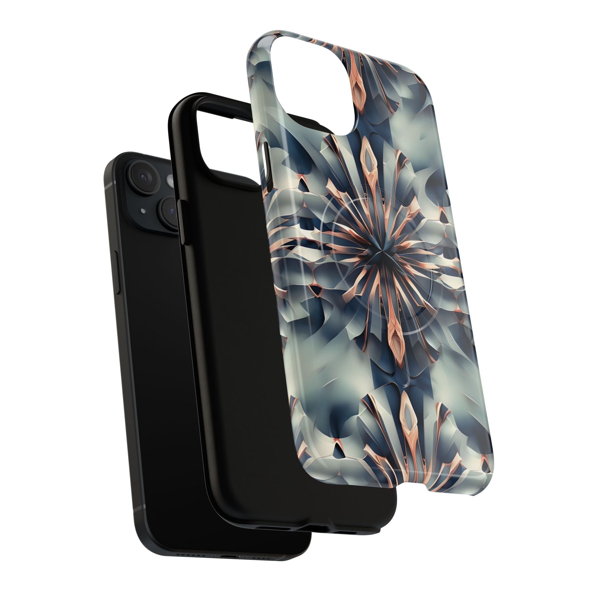 Obsidian Kaleidoscope Artistic Floral Burst - iPhone 15 Plus MagSafe Phone Case -Blue, Peach and Silver Symmetrical Design