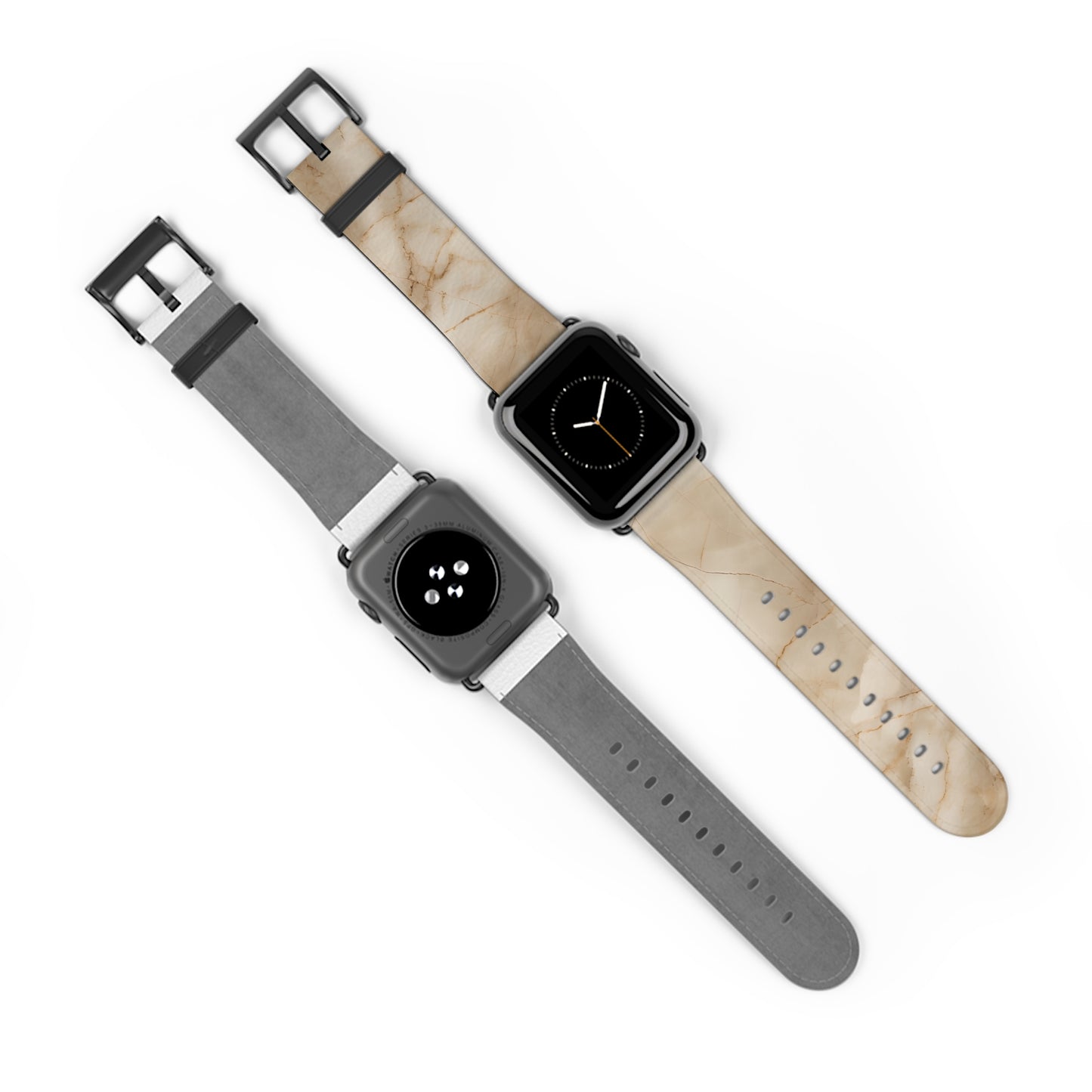 Parchment Mist Apple Watch bands shown on two watches front and back highlighting soft parchment marble design