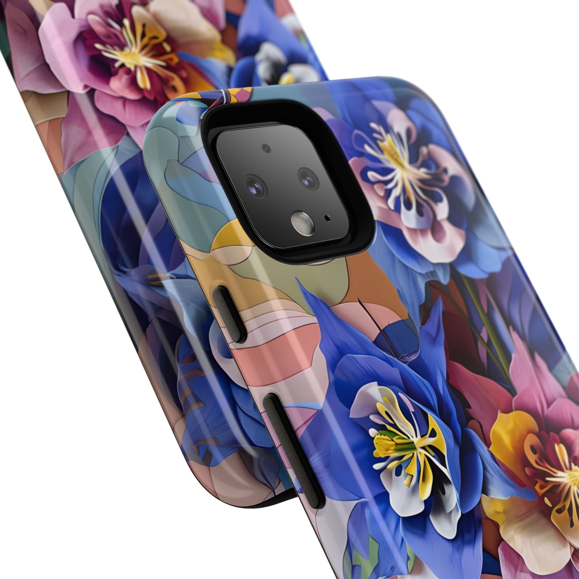 Blue Columbine Carnivale - Artistic Floral & Butterfly Google Pixel 4 Tough Phone Case - Vibrant Botanical Design