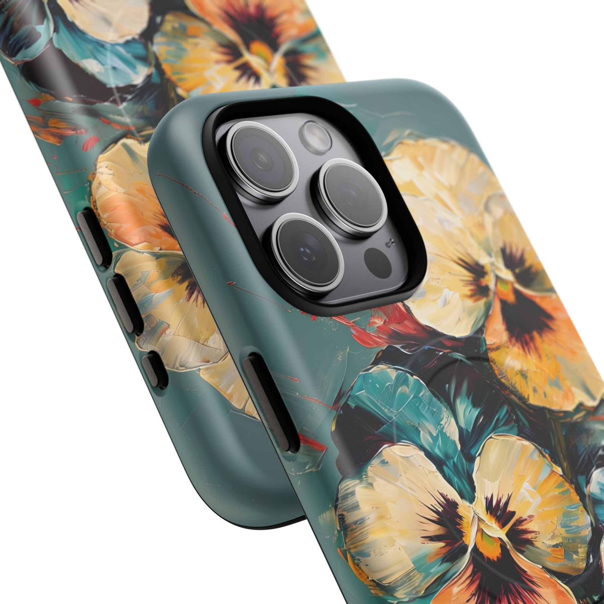 Golden Pansy Cascade - Elegant Floral iPhone 15 Pro Max MagSafe Case with Deep Teal Background