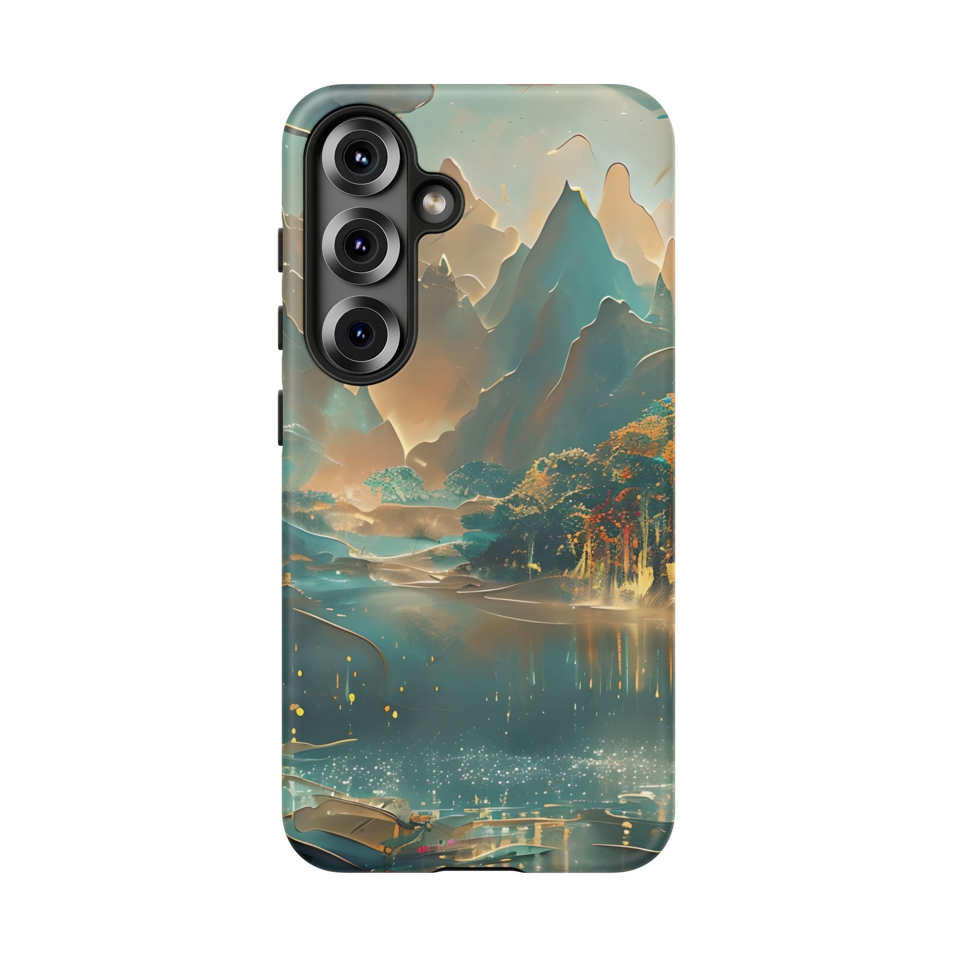 Misty Horizon - Serene Landscape Art Samsung Galaxy S25 Tough Phone Case - Tranquil Mountain & Lake Design